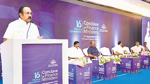 Finance Minister Thangam Thennarasu speaking at the conclave of finance ministers organised in Thiruvananthapuram on Thursday