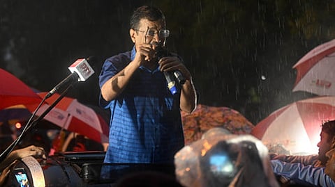 Delhi Chief Minister Arvind Kejriwal addresses supporters outside Tihar Jail after his bail.