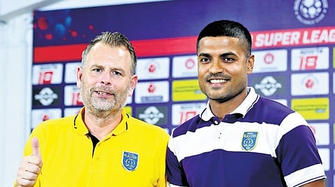 Kerala Blasters coach Mikael Stahre with defender Pritam Kotal during the pre-match press conference in Kochi on Friday
