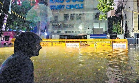 Waterlogging outside building of Rau’s IAS Study Circle