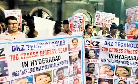 Investment scam victims stage a demonstration in front of the Press Club, Somajiguda, on Friday