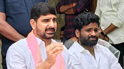 MLA Kaushik Reddy addressing media at his residence in Hyderabad