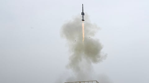 The missile being test-fired off the Odisha coast for the second day on Friday (Photo | Special arrangement)