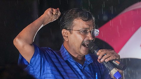 Delhi Chief Minister Arvind Kejriwal addresses supporters after walking out the Tihar Jail, in New Delhi.