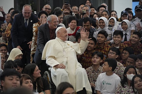 Pope Francis interacts with young people of Scholas Occurrerrentes at Grha Pemuda Youth Center in Jakarta, Indonesia, Wednesday, Sept 4, 2024.