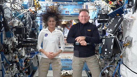 This image made from a NASA live stream shows NASA astronauts Suni Williams and Butch Wilmore during a press conference from the International Space Station on Friday.