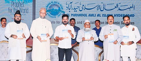 Chief Minister Revanth Reddy launches a book ‘Prophet for the World’ authored by AIMPLB president Khalid Saifullah Rahmani in Hyderabad on Saturday.