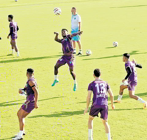 Kerala Blasters players practise at the Sports Academy ground, Panampilly Nagar, ahead of their home match against Punjab FC on Sunday