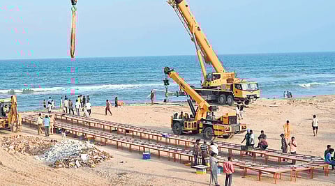 Arrangements ready for Vinayakar idol immersion at Foreshore Estate beach