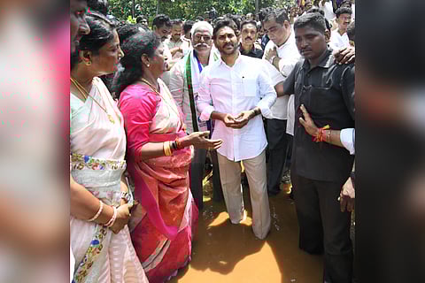 YSRC chief and former Chief Minister YS Jagan Mohan Reddy visits the flood-hit villages in Kakinada district on Friday