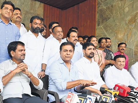 BRS working president KT Rama Rao addresses the media at the residence of party MLA Padi Kaushik Reddy in Hyderabad on Saturday