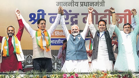 Prime Minister Narendra Modi during a public meeting in Doda district of Jammu ahead of the upcoming assembly election