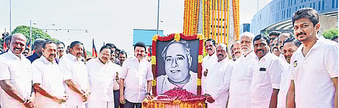 Chief Minister MK Stalin and DMK leaders paying tributes to former chief minister
CN Annadurai on his birth anniversary on Sunday