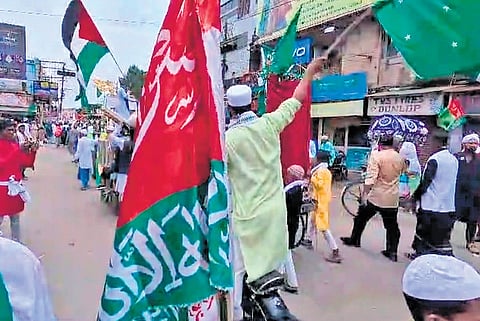 A Palestinian flag purportedly being waved during the procession on Monday