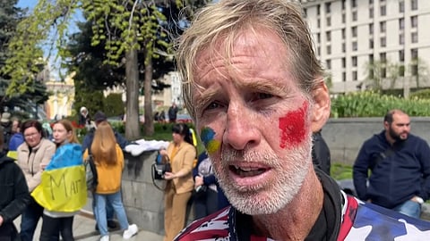 This screengrab taken from AFPTV on September 16, 2024 shows Ryan Wesley Routh speaking during an interview at a rally to urge foreign leaders and international organisations to help provide humanitarian corridors for the evacuation of civilians and Ukrainian servicemen from Mariupol in central Kyiv on April 27, 2022, amid Russia's invasion of Ukraine.