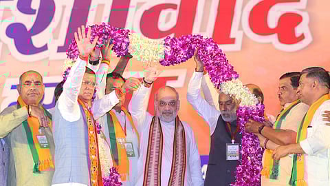 Home Minister Amit Shah during a 'Jan Ashirwad' rally for Haryana Assembly elections, in Faridabad.