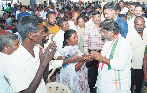 Deputy Chief Minister Mallu Bhatti Vikramarka interacts with people during the Praja Palana programme in Madhira on Tuesday