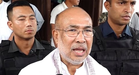 Manipur Chief Minister N. Biren Singh speaks with the media, on Monday, Sept. 16, 2024.