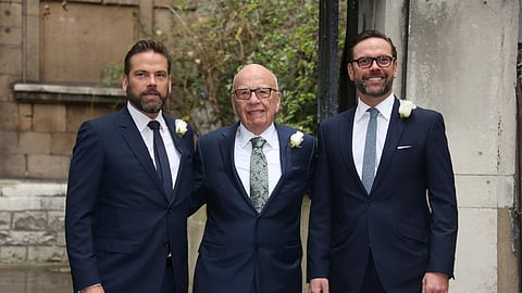 (L to R) Lachlan Murdoch, Rupert Murdoch and James Murdoch arrive at St Bride's Church for the celebration ceremony of the wedding of Rupert Murdoch and Jerry Hall in London, March 5, 2016.