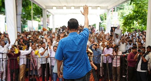 Delhi Chief Minister Arvind Kejriwal during AAP workers' meeting, in New Delhi, Sunday, Sept. 15, 2024.