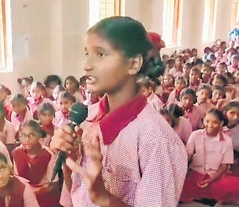 Students in Thummadam BC Gurukula girls school stage a protest on Tuesday