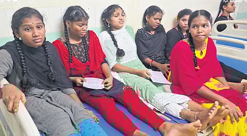 Students of Gurukul College in Rampachodavaram, who were hospitalised after being allegedly given corporal punishment by the principal