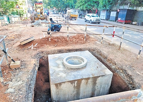 The Kerala Water Authority work under way near Vellayambalam in Thiruvananthapuram