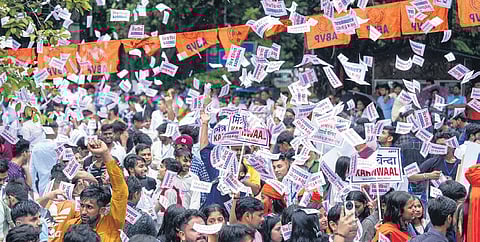 ABVP activists hold poll rally at Faculty of Arts in North Campus on Wednesday