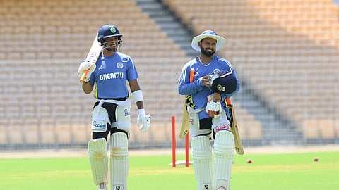 Cricketers Dhruv Jurel and Rishabh Pant during a practice session in Chennai.
