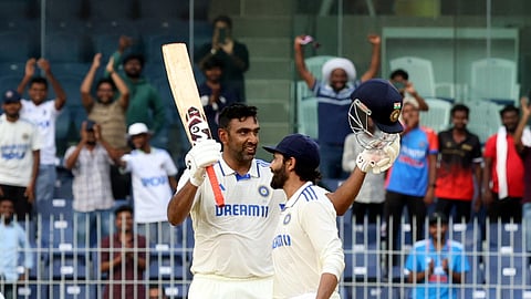 Ravichandran Ashwin celebrates after scoring century off just 108 balls, in Chennai.