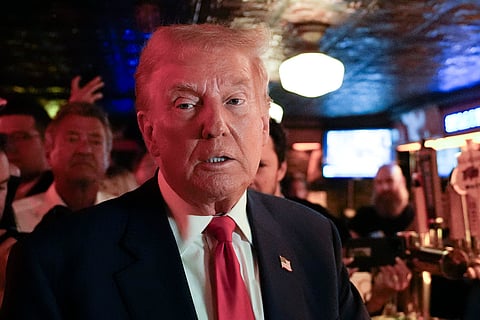 Republican presidential nominee former President Donald Trump makes a campaign stop at Pubkey Bar and Media House, Wednesday, Sept.18, 2024, in New York.
