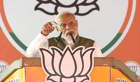 Prime Minister Narendra Modi speaks during a public meeting for Jammu & Kashmir Assembly elections, in Srinagar, Thursday, Sept. 19, 2024.