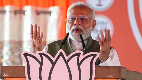 Prime Minister Narendra Modi addresses a public meeting ahead of the second phase of Jammu and Kashmir Assembly elections, in Srinagar.