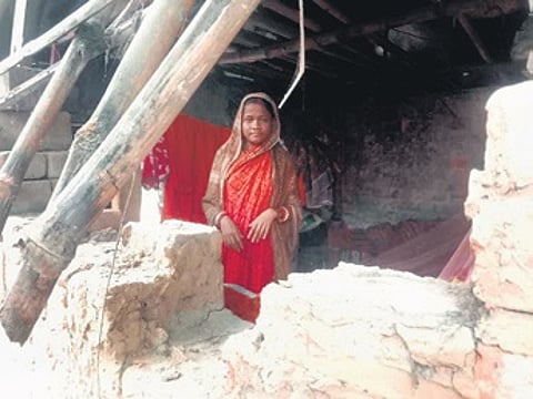 A kutcha house damaged by flood in Uluda under Bhograi block