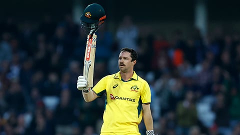 Australia's Travis Head celebrates 100 runs during the first one day international match between England and Australia, at Trent Bridge, Nottingham, England, Thursday Sept. 19, 2024.