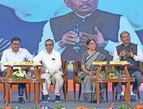 Panelists Gourahari Das, Basanta Kumar Panda, Sabita Pradhan and Swaraj Mishra during the session ‘Bhasha Nahin Ta Asmita Nahin’ at the 12th OLF on Saturday