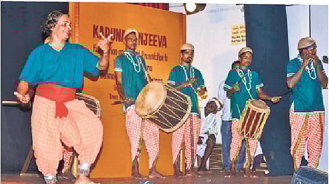 Bannanje Sanjeeva Suvarna performs with the Koraga community in Udupi