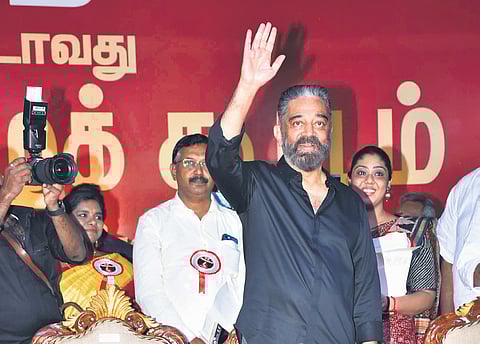 Actor-turned-politician Kamal Haasan during the MNM general body meeting in Chennai on Saturday