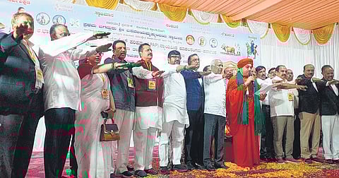 Lingayat leaders take an oath at an advocates’ conference in Belagavi
