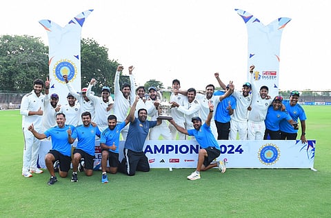 Champions of Duleep Trophy pose for a picture in Anantapur on Sunday.