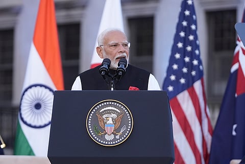 India's Prime Minister Narendra Modi speaks about a Quadrilateral Cancer Moonshot initiative on the sidelines of the Quad leaders summit at Archmere Academy in Claymont, Del., Saturday, Sept. 21, 2024.
