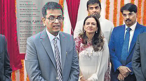 Chief Justice of India D Y Chandrachud with others during the foundation-laying ceremony of the JSW Academic Block at NLSIU in Bengaluru