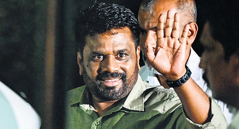 President-elect Anura Kumara Dissanayake gestures after his victory.