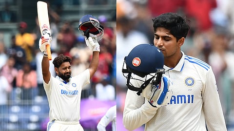 India's Rishab Pant (L) and Shubman Gill celebrate their centuries in the first test cricket match between India and Bangladesh, at the MA Chidambaram Stadium, in Chennai.