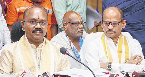 TTD EO Shyamala Rao speaking to reporters in Tirupati on Sunday