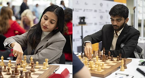 Divya Deshmukh (L) Gukesh D (R) during the final round of the 45th Chess Olympiad in Budapest, Hungary.