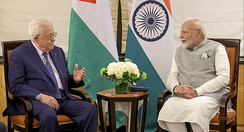 Prime Minister Narendra Modi with Palestine's President Mahmoud Abbas during a meeting, in New York, Sunday, Sept. 22, 2024