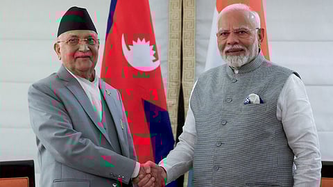 Prime Minister Narendra Modi shakes hands with Nepal's Prime Minister KP Sharma Oli during a meeting in New York, Sunday, Sept. 22, 2024.