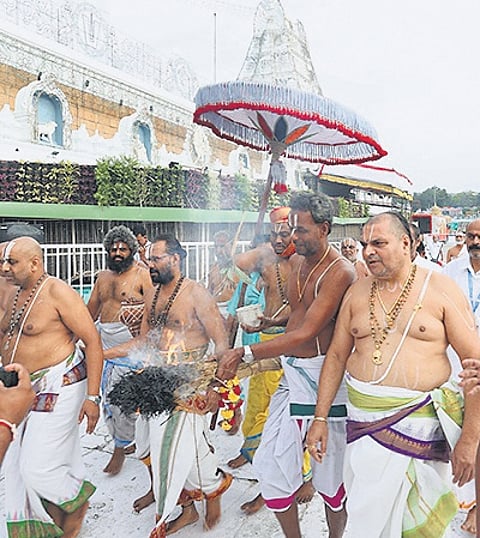 Shanti Homam, purification ritual, being performed as per the tenets of Vaikhanasa Agama at the Yagashala of Tirumala temple on Monday