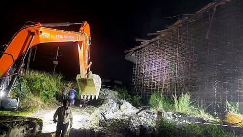 Restoration work underway after a portion of the under-construction Bakhtiyarpur-Tajpur bridge collapsed, in Samastipur, Bihar.